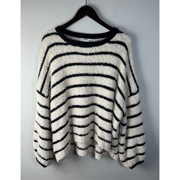 Storia Teddy Striped Oversized Sweater Size Large Soft Balloon Sleeve Ivory - Picture 1 of 6